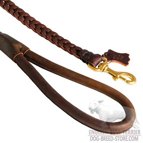 Handle of Braided Leather Dog Leash for Bull Terrier with Snap Hook