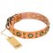 'Sophisticated Glamor' FDT Artisan Bull Terrier Tan Leather Dog Collar with Fancy Old-Bronze Plated Decorations