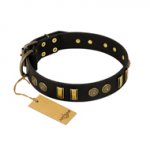 "Simple Elegance" FDT Artisan Black Leather English Bull Terrier Collar with Old Bronze-like Plates and Circles