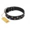 "Power-Flower" FDT Artisan Black Leather English Bull Terrier Collar with Two Rows of Silver-like Studs with Engraved Flowers