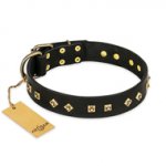 "Rhomb Style" FDT Artisan Decorated Leather English Bull Terrier Collar with Old Bronze-Plated Studs 1 1/2 inch (40 mm) Wide