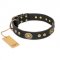 "Golden Radiance" FDT Artisan Black Leather English Bull Terrier Collar with Old Bronze Look Ovals and Circles