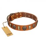 "Strike of Rock" FDT Artisan Tan Leather English Bull Terrier Collar with Plates and Medallions with Skulls