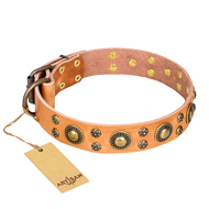 'Sophisticated Glamor' FDT Artisan Bull Terrier Tan Leather Dog Collar with Fancy Old-Bronze Plated Decorations