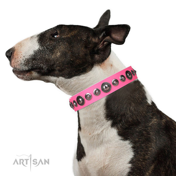 Incredible studded genuine leather dog collar for easy wearing