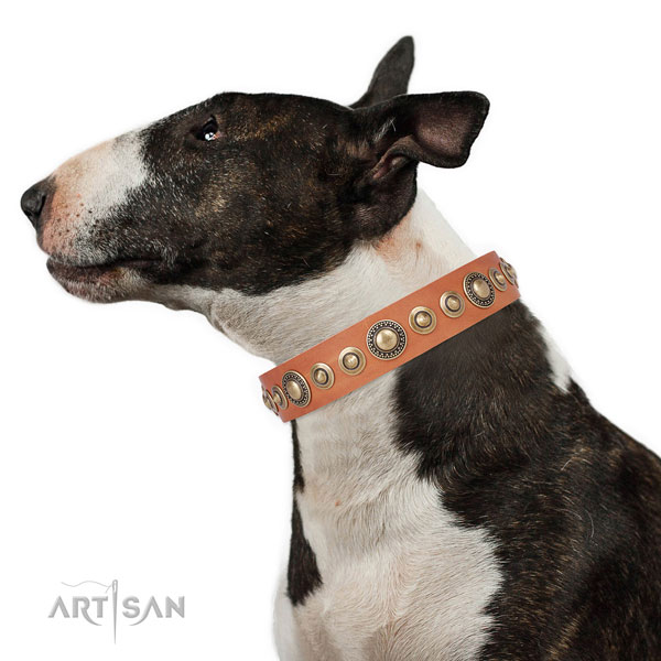 Corrosion resistant buckle and D-ring on genuine leather dog collar for everyday walking