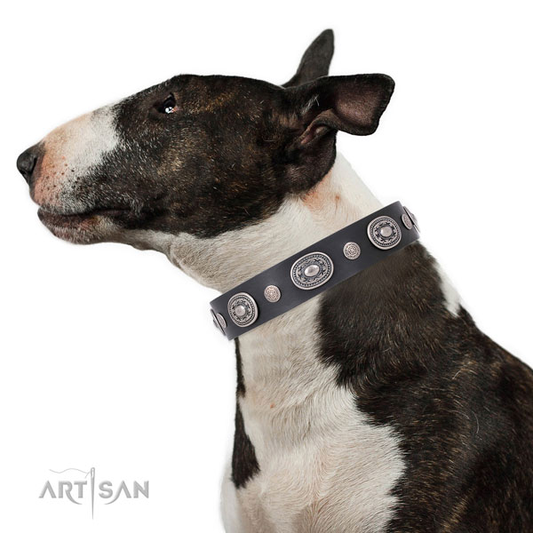 Strong buckle and D-ring on genuine leather dog collar for walking in style