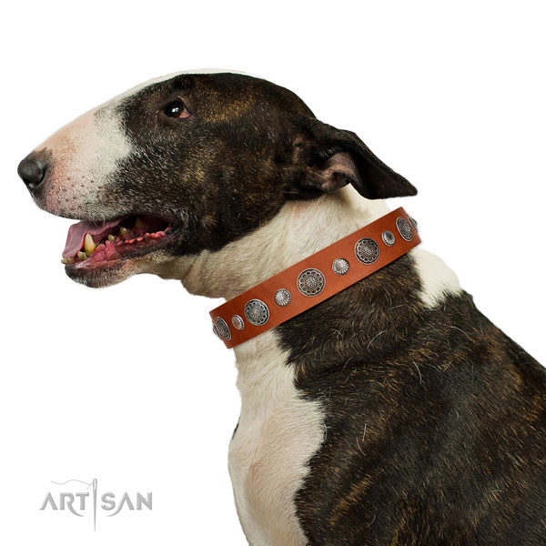 Convenient leather dog collar with corrosion resistant D-ring