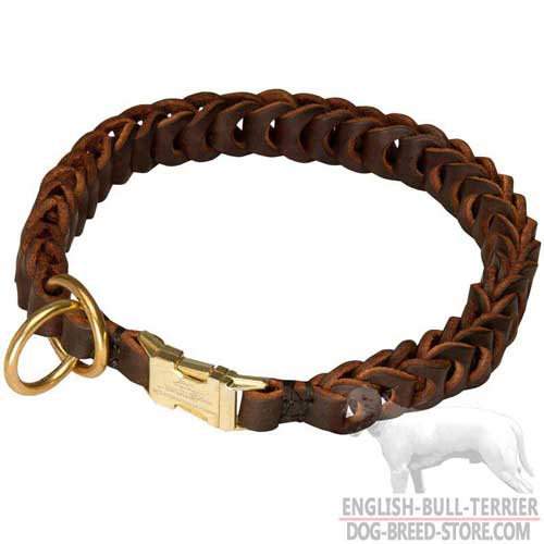 Strong Braided Leather Bull Terrier Choke Collar with Easy Quick Release Buckle