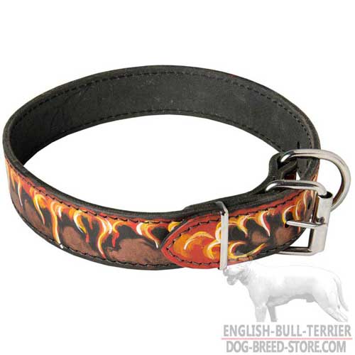 Handmade Painted Flames Leather Dog Collar for Bull Terrier with Reliable Buckle