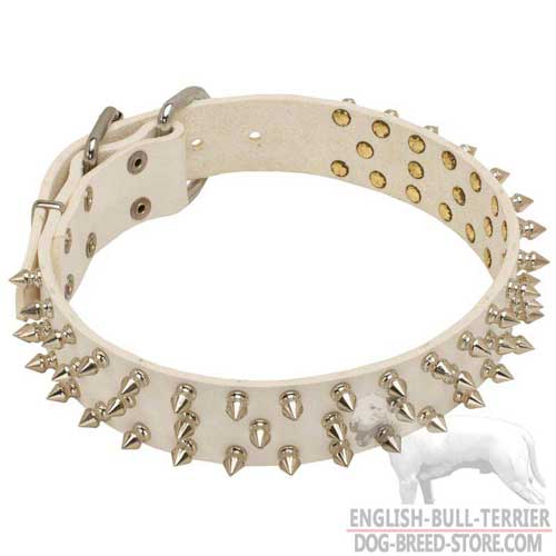 Handmade White Leather Dog Collar for Bull Terrier 
