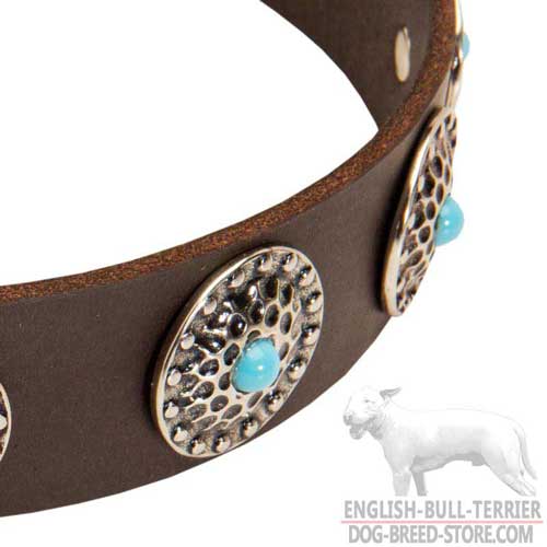 Nickel Circles with Blue Stones on Fancy Studded Leather Dog Collar