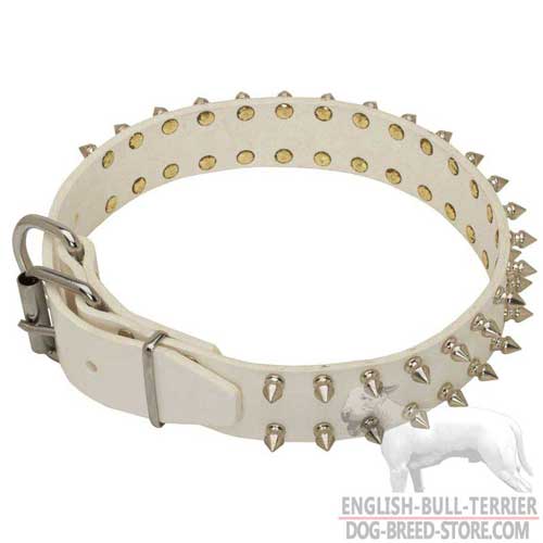 Wide Spiked White Leather Dog Collar With Nickel Plated Hardware
