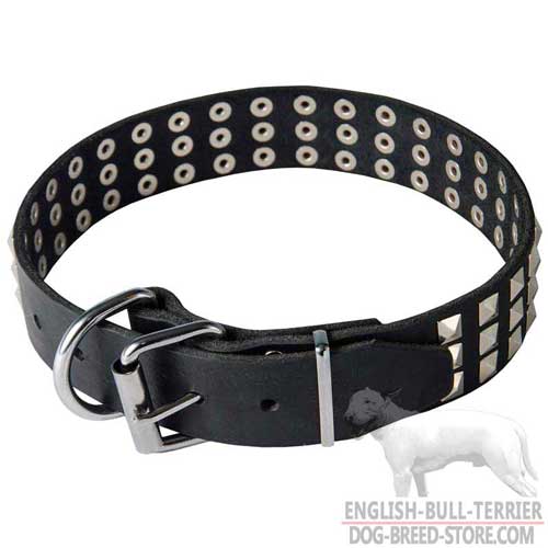 Leather Dog Collar Equipped with Nickel Plated Buckle, D-ring and Pyramids