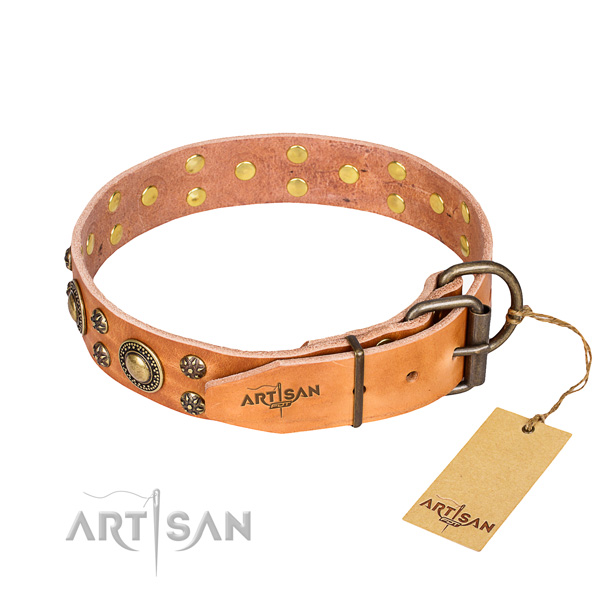 Handy use natural genuine leather collar with embellishments for your pet