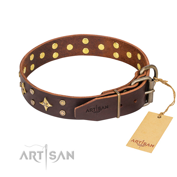 Stylish walking full grain genuine leather collar with decorations for your doggie