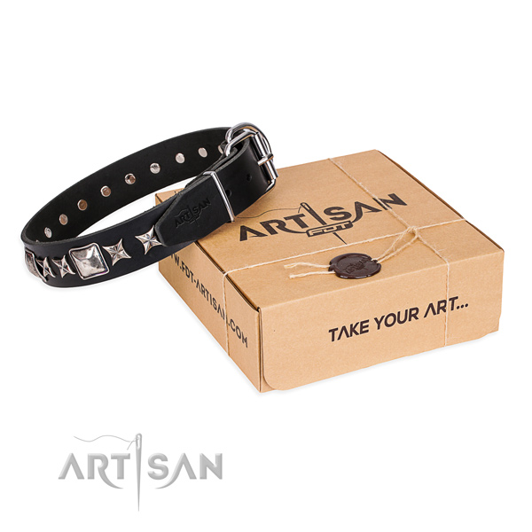 Embellished full grain genuine leather dog collar for easy wearing
