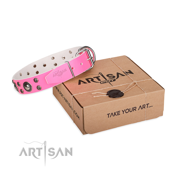 Designer natural genuine leather dog collar for walking in style