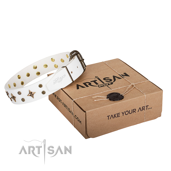 Adorned natural genuine leather dog collar for comfy wearing