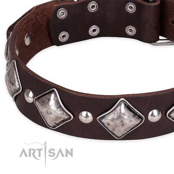 Easy to use leather dog collar with extra sturdy non-rusting hardware