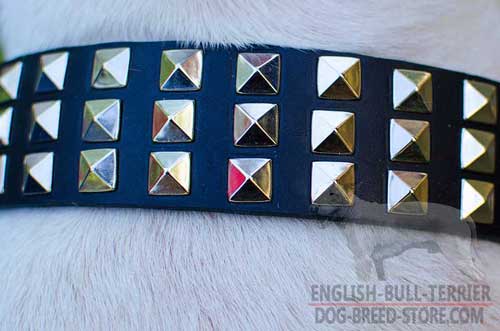 Heavy-Duty Nickel Plated Pyramids On Adjustable Leather Dog Collar