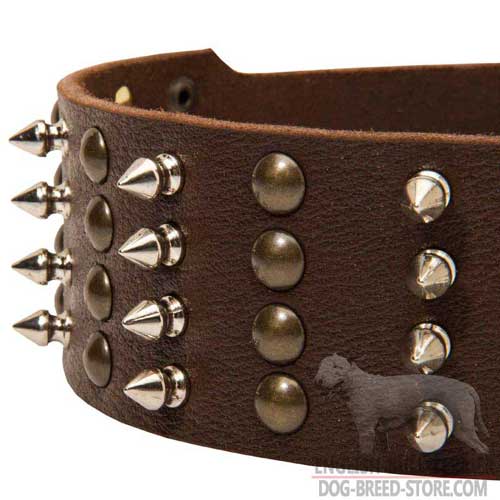 Nickel Spikes and Brass Pyramids on  Leather Dog Collar