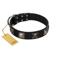 "Sea Rover" Embellished FDT Artisan Black Leather English Bull Terrier Collar with Chrome Plated Crossbones and Plates