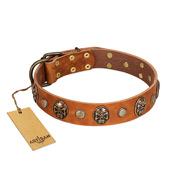 "Call of Feat" FDT Artisan Tan Leather English Bull Terrier Collar with Old Bronze-like Studs and Oval Brooches