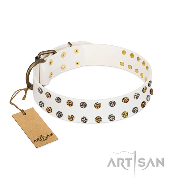Inimitable natural leather dog collar with corrosion proof studs