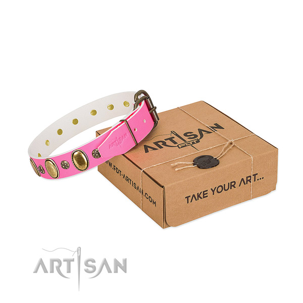 Durable full grain natural leather dog collar with strong fittings