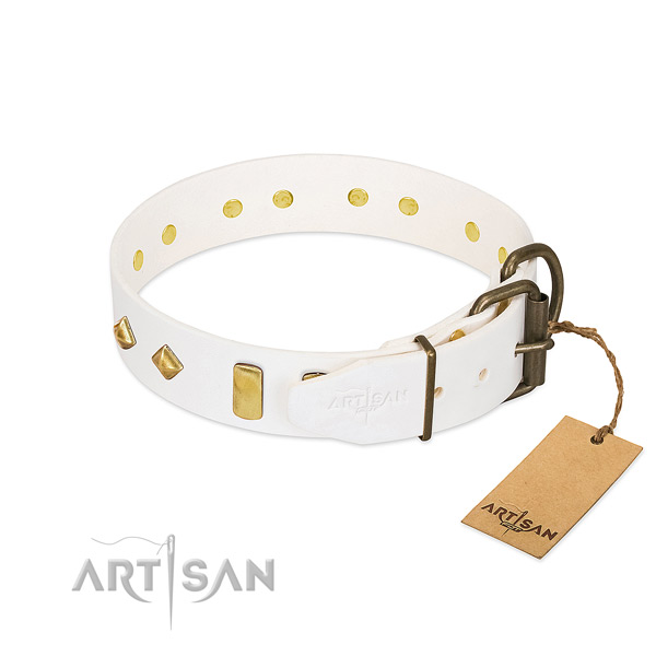 Gentle to touch genuine leather dog collar with strong D-ring