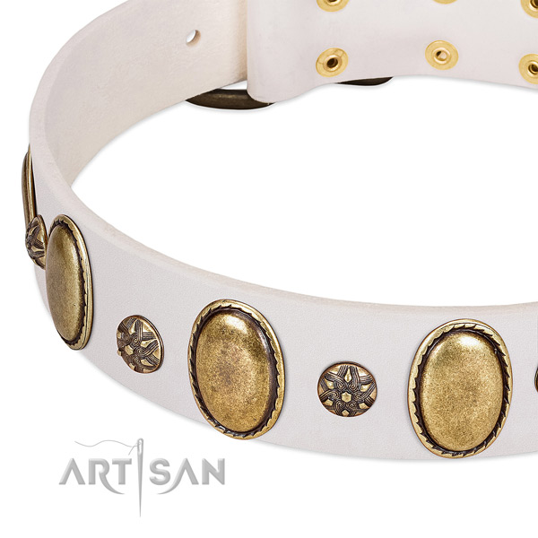 Everyday use flexible full grain genuine leather dog collar with decorations