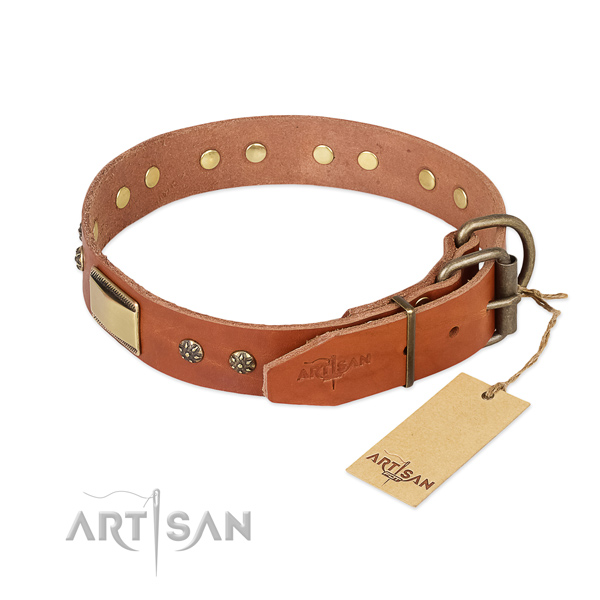 Full grain genuine leather dog collar with rust-proof hardware and adornments