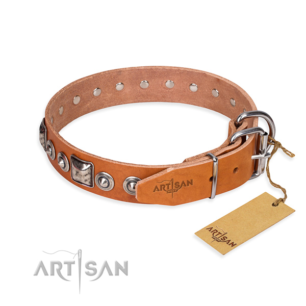 Full grain genuine leather dog collar made of quality material with corrosion proof embellishments