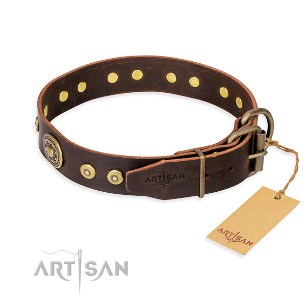 Full grain genuine leather dog collar made of quality material with durable adornments