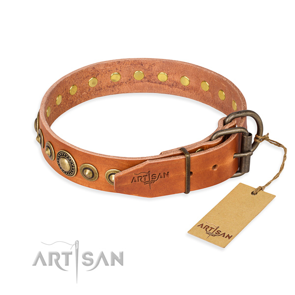 Strong natural genuine leather dog collar created for fancy walking