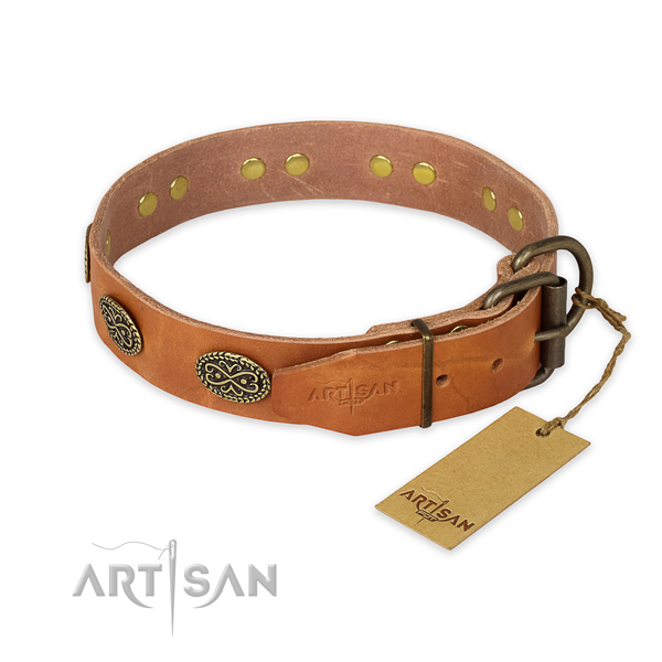 Rust-proof D-ring on full grain leather collar for stylish walking your pet