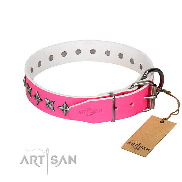 High quality full grain natural leather dog collar with unusual studs