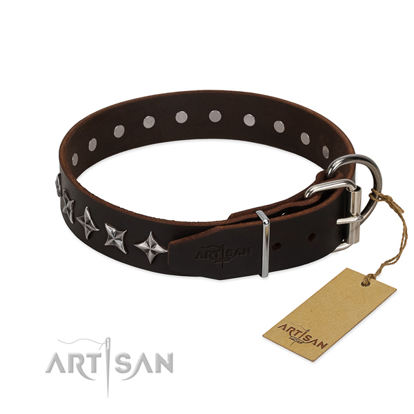 Comfy wearing adorned dog collar of finest quality natural leather