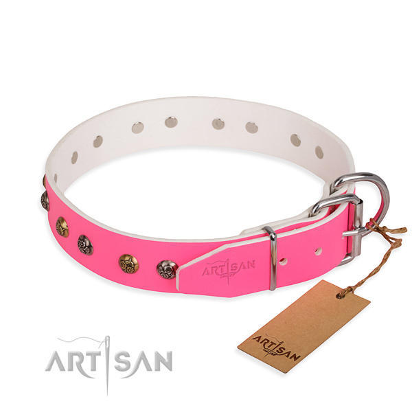 Genuine leather dog collar with fashionable corrosion resistant adornments
