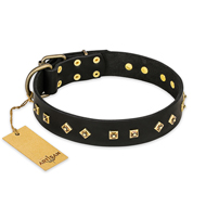 "Rhomb Style" FDT Artisan Decorated Leather English Bull Terrier Collar with Old Bronze-Plated Studs 1 1/2 inch (40 mm) Wide