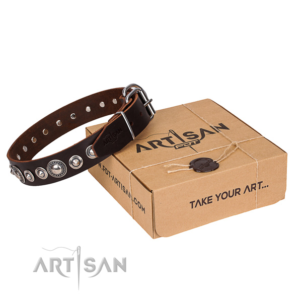 Full grain natural leather dog collar made of flexible material with rust resistant buckle