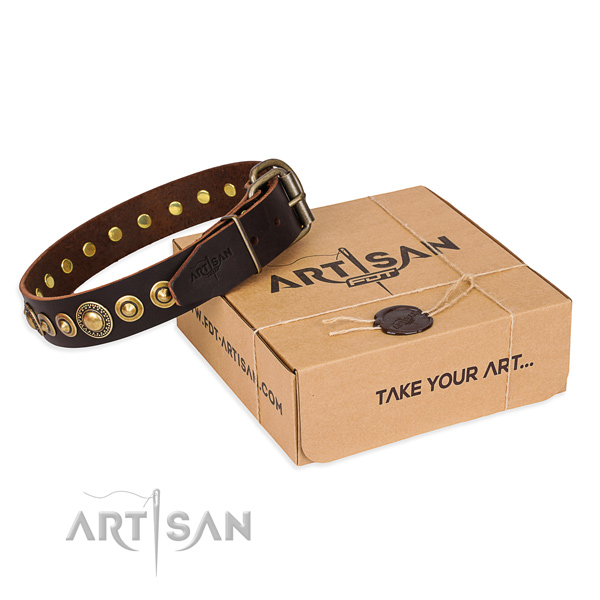 Strong natural genuine leather dog collar crafted for fancy walking