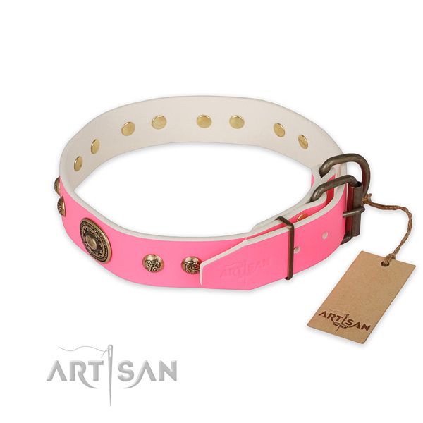 Rust-proof hardware on natural genuine leather collar for walking your pet