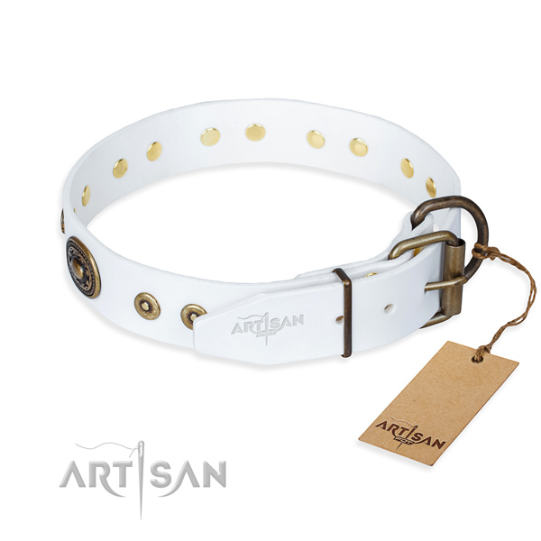 Genuine leather dog collar made of gentle to touch material with strong embellishments