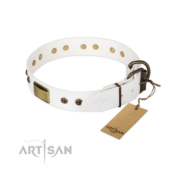 Full grain genuine leather dog collar with corrosion proof buckle and adornments