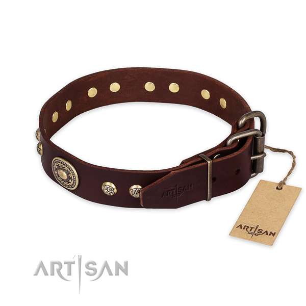 Durable fittings on genuine leather collar for fancy walking your dog