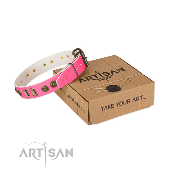 Corrosion proof embellishments on full grain leather dog collar for your four-legged friend