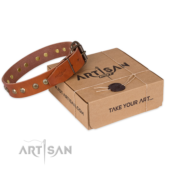 Corrosion proof hardware on natural genuine leather collar for your handsome canine