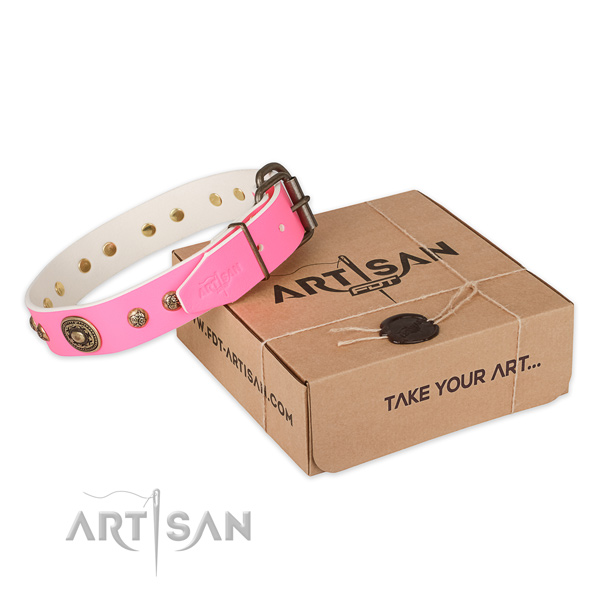 Durable hardware on full grain genuine leather dog collar for handy use